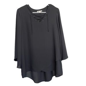 Cato Black High Low Flowy Lace Up Blouse Small Lightweight Semi Sheer